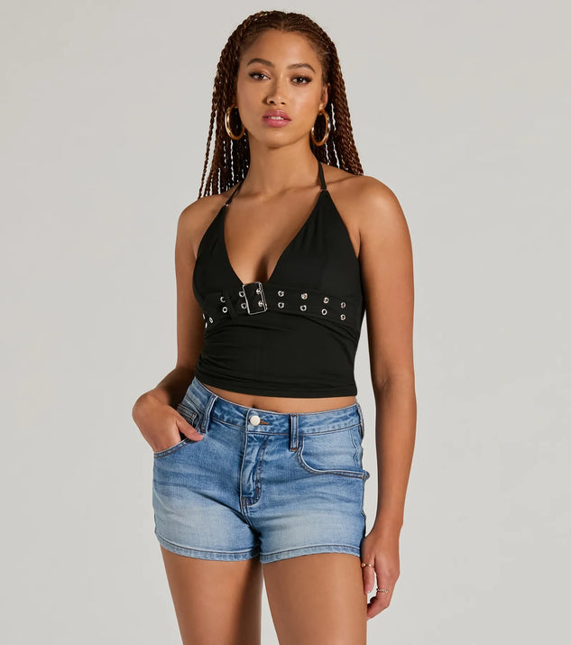 Your outfit will pop with the Buckle Down Halter V-Neck Crop Top and with dazzling embellishments and elevated details this is the perfect going-out top to stand out at any event!
