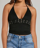 Your outfit will pop with the Buckle Down Halter V-Neck Crop Top and with dazzling embellishments and elevated details this is the perfect going-out top to stand out at any event!