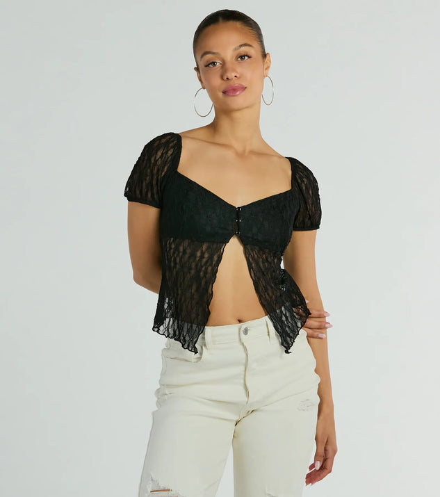 The Charm Me Puff Sleeve Lace Crop Top in black with a modern design and trendy look is part of the latest women's tops collection to elevate your 2025 wardrobe.