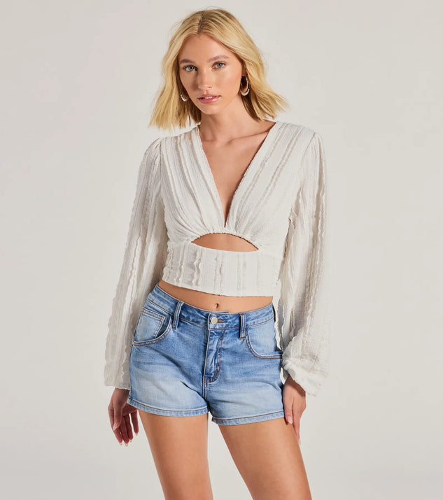 The Romance Awaits Long Sleeve Ruffle Lace Trim Crop Top in ivory with a modern design and trendy look is part of the latest women's tops collection to elevate your 2025 wardrobe.