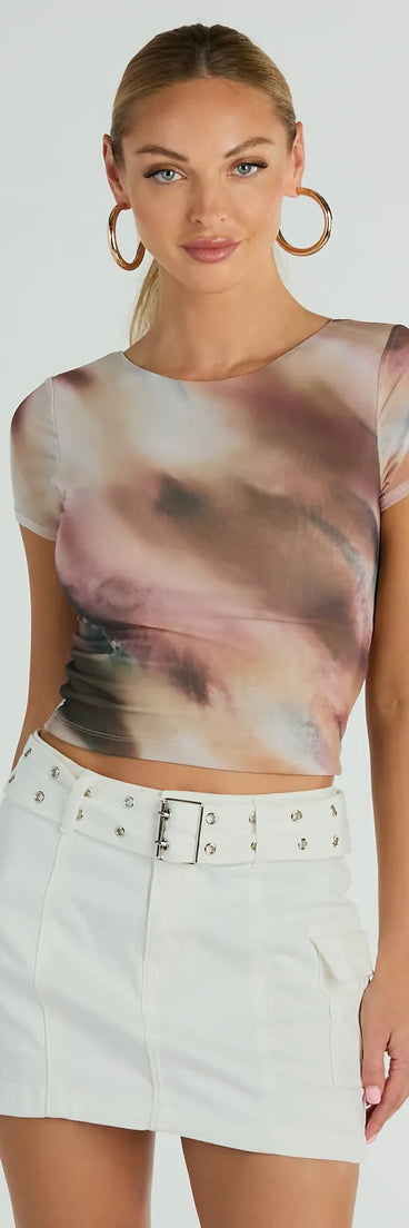 Talk Back Abstract Print Mesh Crop Top, a trendy multi-color addition to women's going-out outfits, is ideal for Christmas party outfits, chic NYE attire, or winter night-out looks that keep you on-trend!