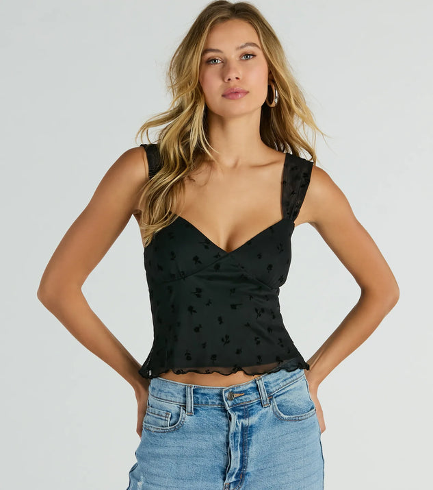 The crop top style of the Gorgeous Vibes Ditsy Floral Mesh Tank Top adds a sultry detail to your going-out outfits or everyday looks.