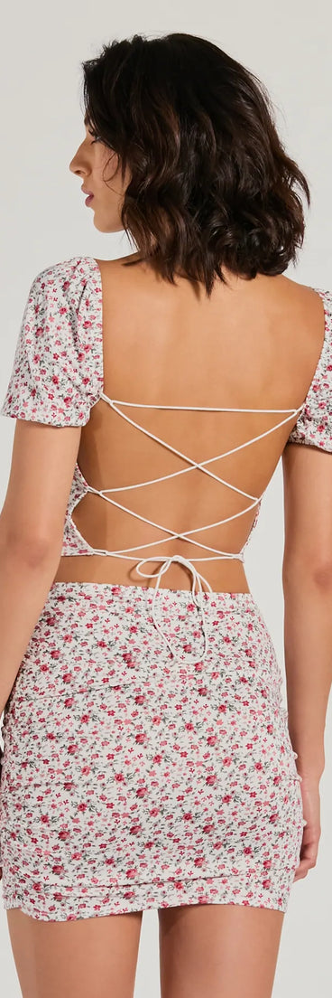 Two Cute Lace-Up Floral Crop Top