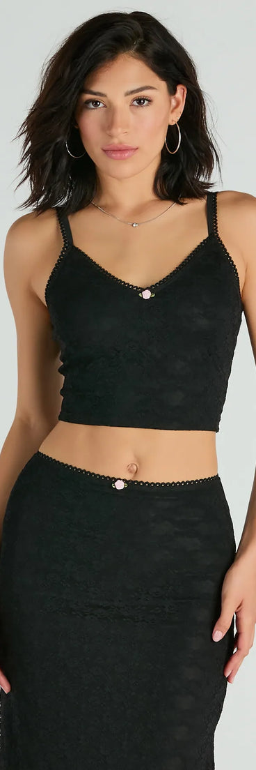 Effortlessly create party outfits or vacation-ready looks with the Alluring Dream V-Neck Lace Rosette Crop Top, one part of a versatile women's black matching set perfect for quick and easy outfit combinations from layering chic outfits to transitioning your look seamlessly.