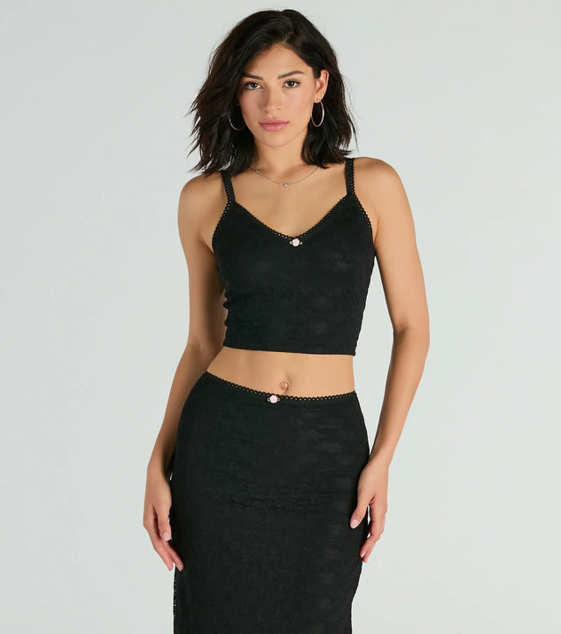 Effortlessly create party outfits or vacation-ready looks with the Alluring Dream V-Neck Lace Rosette Crop Top, one part of a versatile women's black matching set perfect for quick and easy outfit combinations from layering chic outfits to transitioning your look seamlessly.