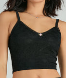 Effortlessly create party outfits or vacation-ready looks with the Alluring Dream V-Neck Lace Rosette Crop Top, one part of a versatile women's black matching set perfect for quick and easy outfit combinations from layering chic outfits to transitioning your look seamlessly.
