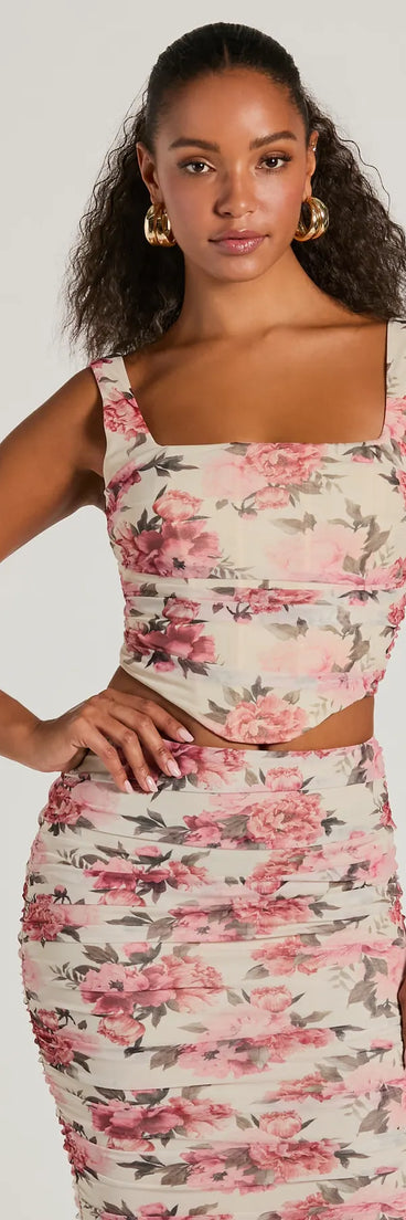 Look instantly put-together in the Blooming Bliss Lace-Up Floral Mesh Bustier, part of a matching ivory clothing set designed for chic, no-fuss fall outfits.