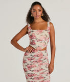 The Blooming Bliss Lace-Up Floral Mesh Bustier in ivory with a modern design and trendy look is part of the latest women's tops collection to elevate your 2025 wardrobe.
