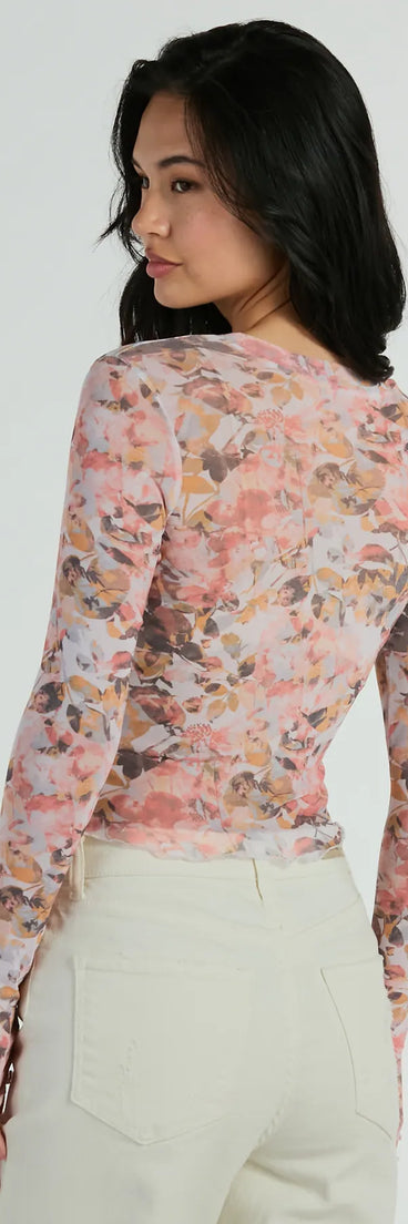 Wild Flowers Long Sleeve Floral Mesh Crop Top