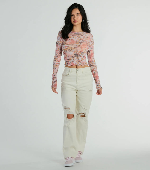 Wild Flowers Long Sleeve Floral Mesh Crop Top | Windsor