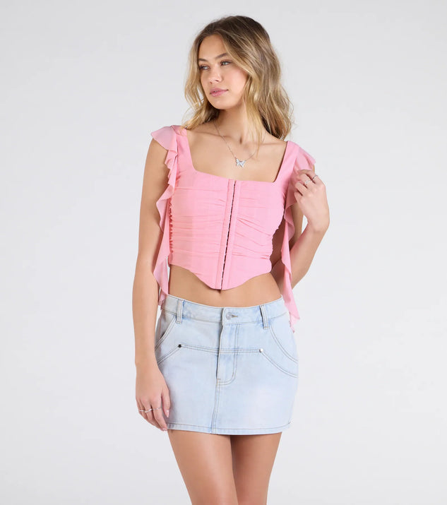 Stay on-trend this season with the Such A Cutie Ruffled Strap Corset Top in pink, a must-have for creating stylish and effortless spring outfits for women.
