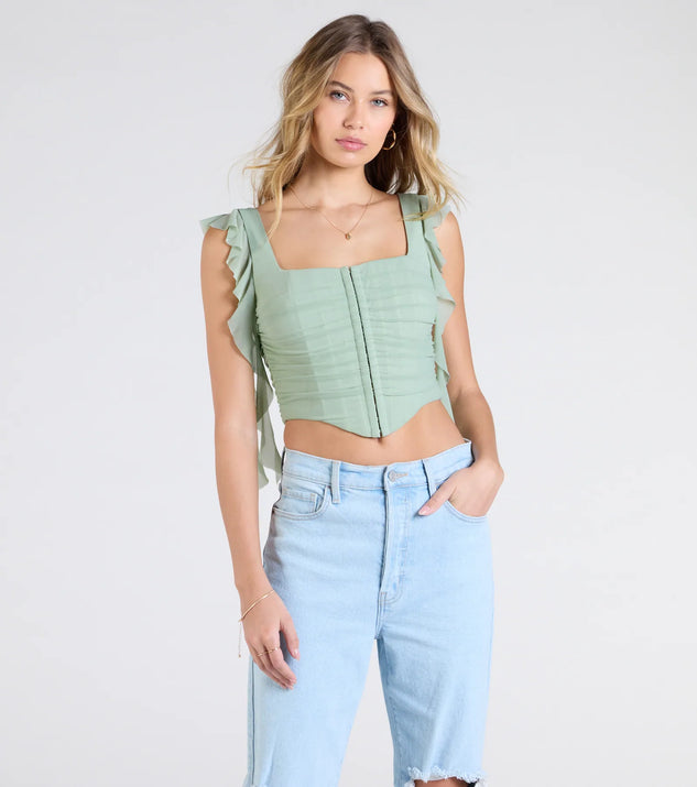 Stay on-trend this season with the Such A Cutie Ruffled Strap Corset Top in sage green, a must-have for creating stylish and effortless summer outfits for women.
