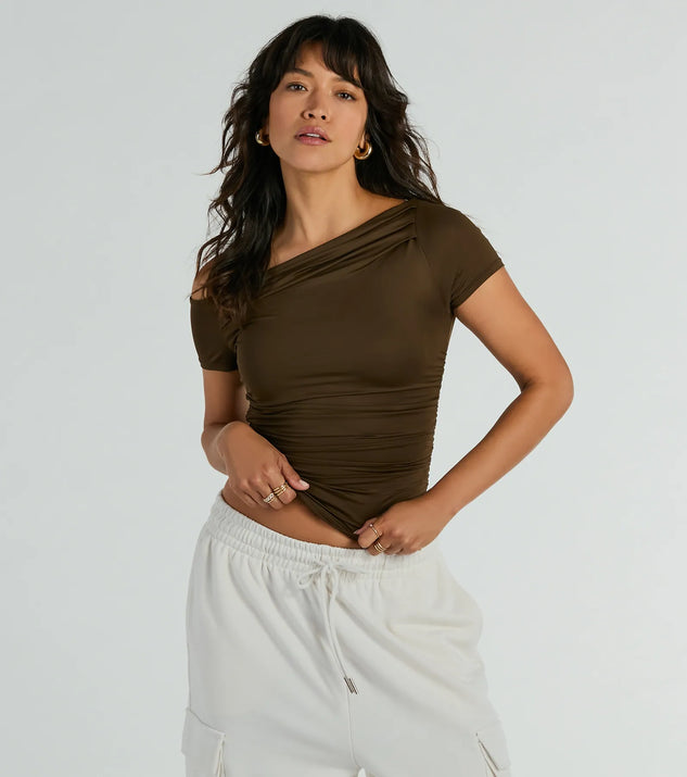 The Flawless 'Fit Off-The-Shoulder Smooth Knit Top in brown with a modern design and trendy look is part of the latest women's tops collection to elevate your 2025 wardrobe.