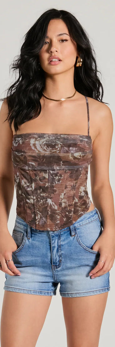 The Flawless One Floral Strappy Corset Crop Top in rust with a modern design and trendy look is part of the latest women's tops collection to elevate your 2025 wardrobe.