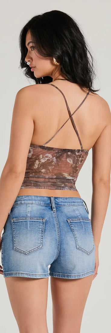 The party-ready Flawless One Floral Strappy Corset Crop Top is a rust going-out top showcasing a seasonal color and modern silhouette to create outfits for date nights, cocktail parties, or clubwear.