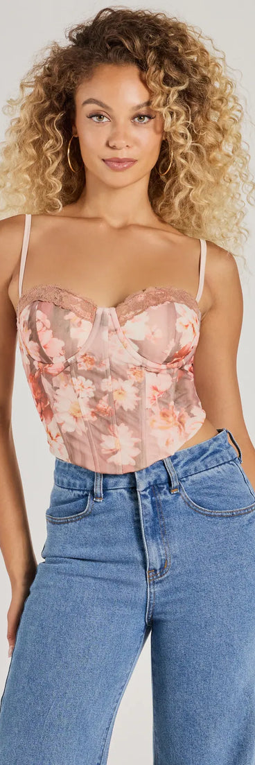 The Pretty It Girl Lace-Up Floral Bustier in mauve with a modern design and trendy look is part of the latest women's tops collection to elevate your 2025 wardrobe.