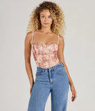 The Pretty It Girl Lace-Up Floral Bustier in mauve with a modern design and trendy look is part of the latest women's tops collection to elevate your 2025 wardrobe.