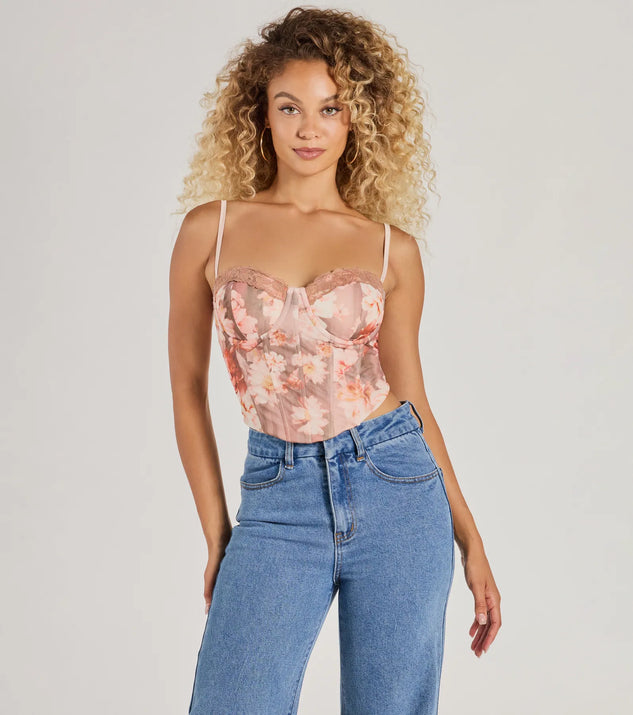 The Pretty It Girl Lace-Up Floral Bustier in mauve with a modern design and trendy look is part of the latest women's tops collection to elevate your 2025 wardrobe.