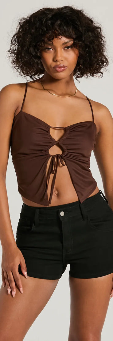 The Sweet Fling Lace-Up Mesh Crop Top in brown with a modern design and trendy look is part of the latest women's tops collection to elevate your 2025 wardrobe.