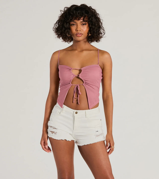 The Sweet Fling Lace-Up Mesh Crop Top in mauve with a modern design and trendy look is part of the latest women's tops collection to elevate your 2025 wardrobe.