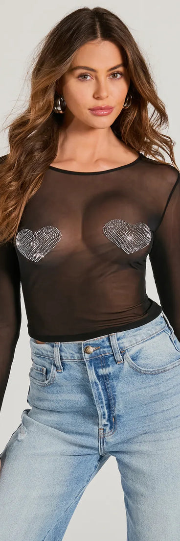 The Flirt Alert Rhinestone Heart Sheer Mesh Crop Top in black with a modern design and trendy look is part of the latest women's tops collection to elevate your 2025 wardrobe.