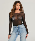 The Flirt Alert Rhinestone Heart Sheer Mesh Crop Top in black with a modern design and trendy look is part of the latest women's tops collection to elevate your 2025 wardrobe.