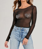 Elevate your 2025 style with the Flirt Alert Rhinestone Heart Sheer Mesh Crop Top a chic women's black sequin top featuring shimmering sequins and a party-ready silhouette ideal for sparkly festival outfits or club attire.