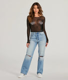 The Flirt Alert Rhinestone Heart Sheer Mesh Crop Top in black with a modern design and trendy look is part of the latest women's tops collection to elevate your 2025 wardrobe.
