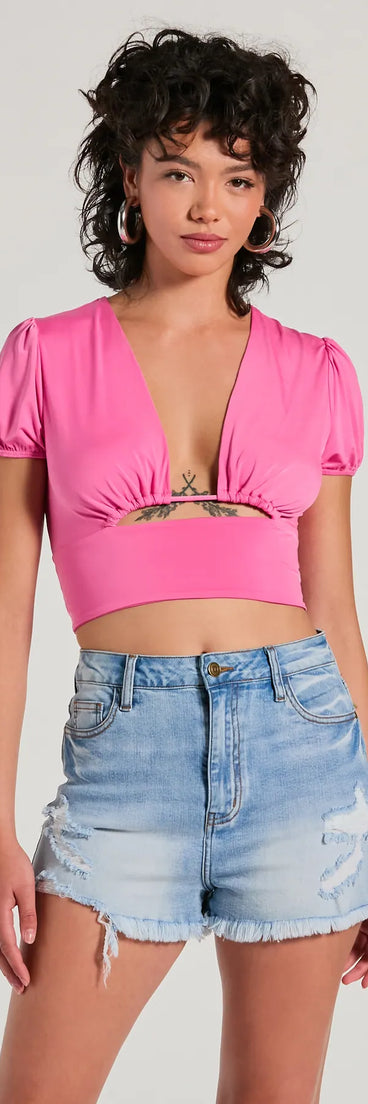 The Simply Adorable Puff Sleeve Cutout Crop Top in pink with a modern design and trendy look is part of the latest women's tops collection to elevate your 2025 wardrobe.