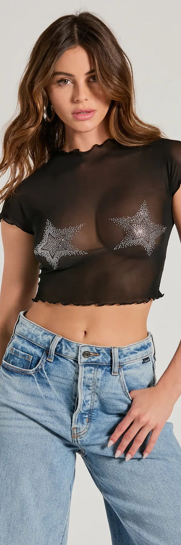 Elevate your holiday style with the Born Star Rhinestone Sheer Mesh Crop Top a chic women's black sequin top featuring shimmering sequins and a party-ready silhouette ideal for sparkly holiday outfits or New Year's Eve attire.