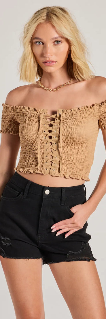 The Sweet As You Off-The-Shoulder Lace-Up Crop Top in mocha brown with a modern design and trendy look is part of the latest women's tops collection to elevate your 2025 wardrobe.