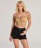 The Sweet As You Off-The-Shoulder Lace-Up Crop Top in mocha brown with a modern design and trendy look is part of the latest women's tops collection to elevate your 2025 wardrobe.
