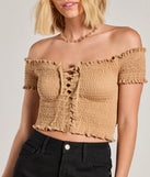 
Upgrade your style game for 2025 with the Sweet As You Off-The-Shoulder Lace-Up Crop Top in mocha, perfect for any fashion-forward wardrobe.