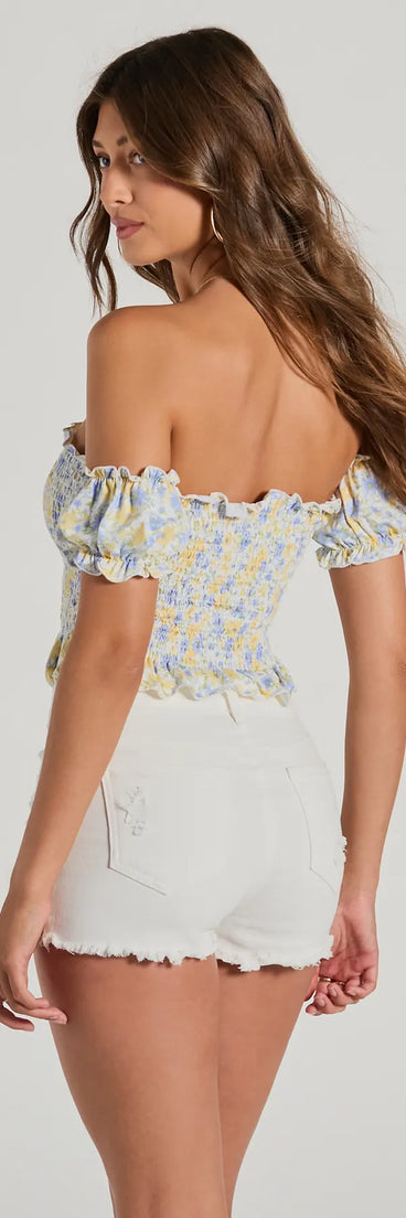 Sunny And Sweet Off-The-Shoulder Floral Crop Top
