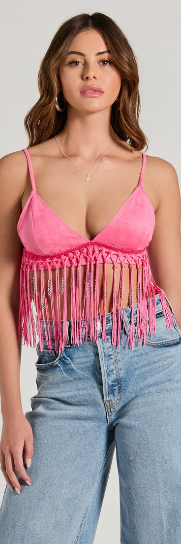 The Fringed Out Triangle Fringe Beaded Crop Top in pink with a modern design and trendy look is part of the latest women's tops collection to elevate your 2025 wardrobe.