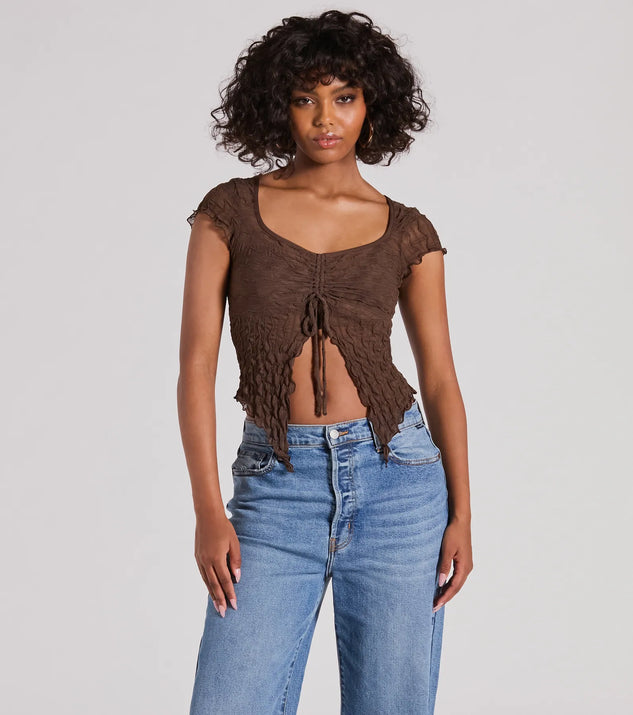 The Flirty Expert Short Sleeve Slit Texture Crop Top in brown with a modern design and trendy look is part of the latest women's tops collection to elevate your 2025 wardrobe.