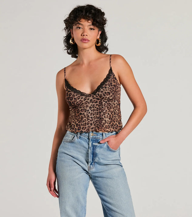 Purrfect Fit Leopard Print Mesh Top, a trendy leopard print addition to women's going-out outfits, is ideal for Christmas party outfits, chic NYE attire, or winter night-out looks that keep you on-trend!