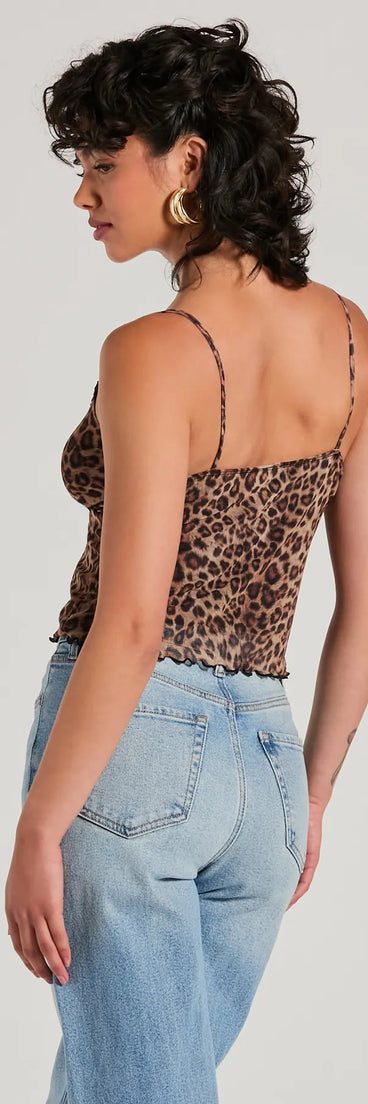 Purrfect Fit Leopard Print Mesh Top, a trendy leopard print addition to women's going-out outfits, is ideal for Christmas party outfits, chic NYE attire, or winter night-out looks that keep you on-trend!