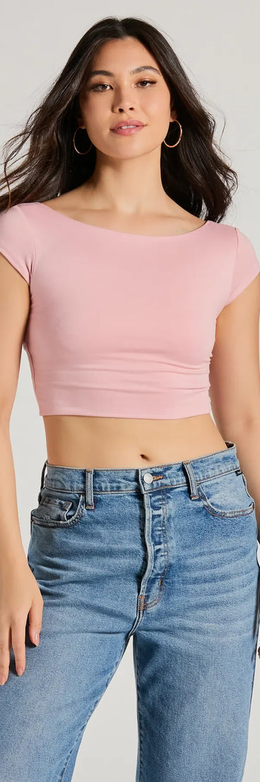 The Back It Up Short Sleeve Strappy Crop Top in pink with a modern design and trendy look is part of the latest women's tops collection to elevate your 2025 wardrobe.