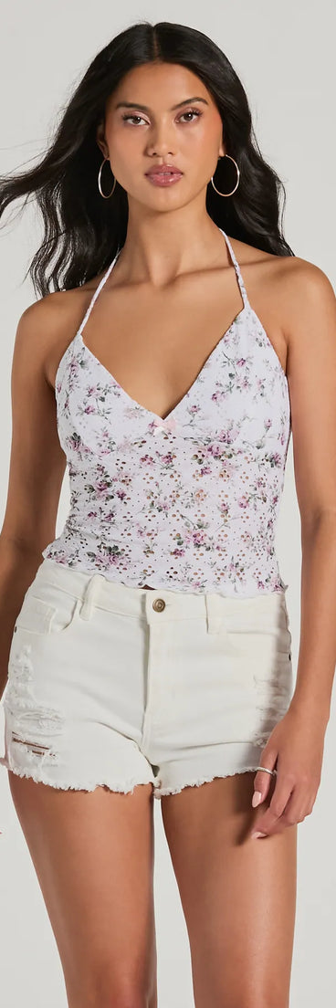 Pick Me Halter Floral Eyelet Crop Top