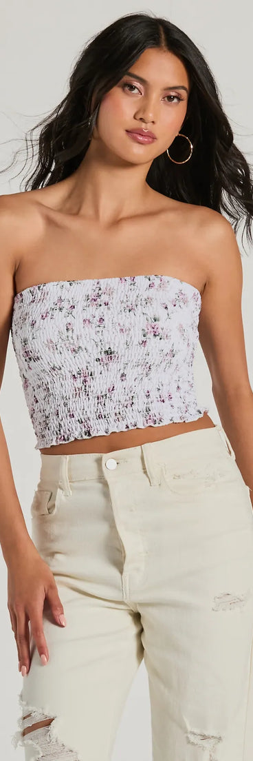 The Cutest Bloom Strapless Floral Smocked Tube Top in ivory with a modern design and trendy look is part of the latest women's tops collection to elevate your 2025 wardrobe.