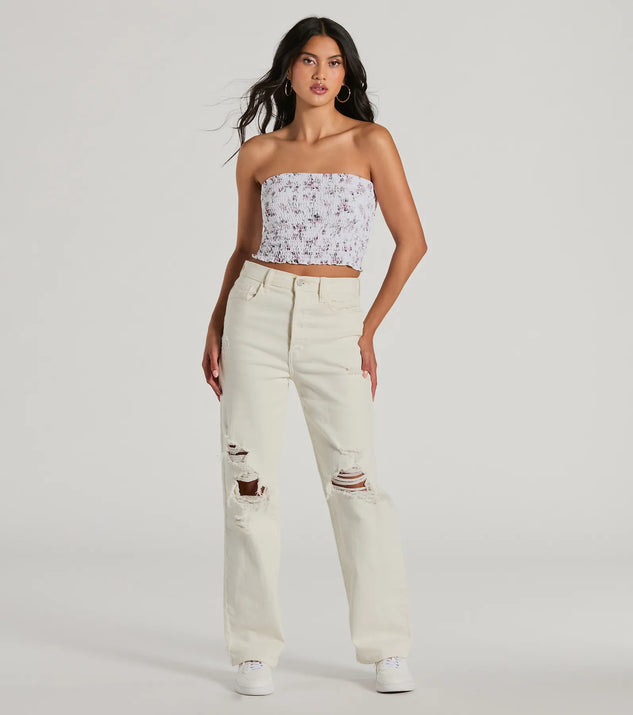 not your roseポップアップ限定 Sarah Top (White) Cutest Bloom Strapless Floral Smocked Tube Top | Windsor