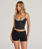 The Perfect Twist Lace Bow V-Neck Crop Top in black with a modern design and trendy look is part of the latest women's tops collection to elevate your 2025 wardrobe.