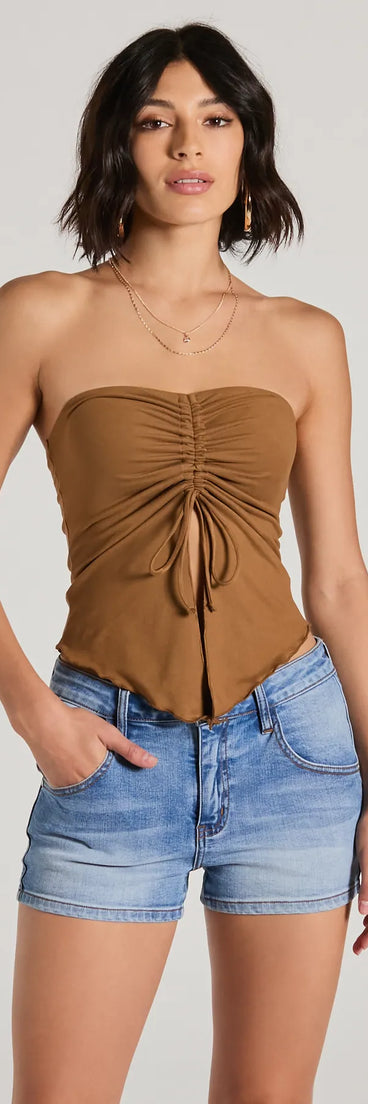 The Hit The City Strapless Slit Crop Top in mocha brown with a modern design and trendy look is part of the latest women's tops collection to elevate your 2025 wardrobe.