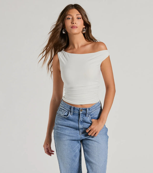 The Confident Flirt One-Shoulder Crop Top in off-white with a modern design and trendy look is part of the latest women's tops collection to elevate your 2025 wardrobe.