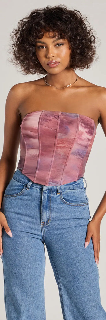 The Keep It Alluring Abstract Mesh Strapless Bustier Top in mauve with a modern design and trendy look is part of the latest women's tops collection to elevate your 2025 wardrobe.
