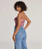The party-ready Keep It Alluring Abstract Mesh Strapless Bustier Top is a mauve going-out top showcasing a seasonal color and modern silhouette to create outfits for date nights, cocktail parties, or clubwear.