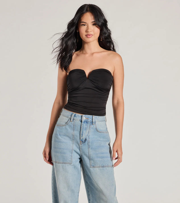 The Flirty Find Strapless Ruched Knit Crop Top in black with a modern design and trendy look is part of the latest women's tops collection to elevate your 2025 wardrobe.