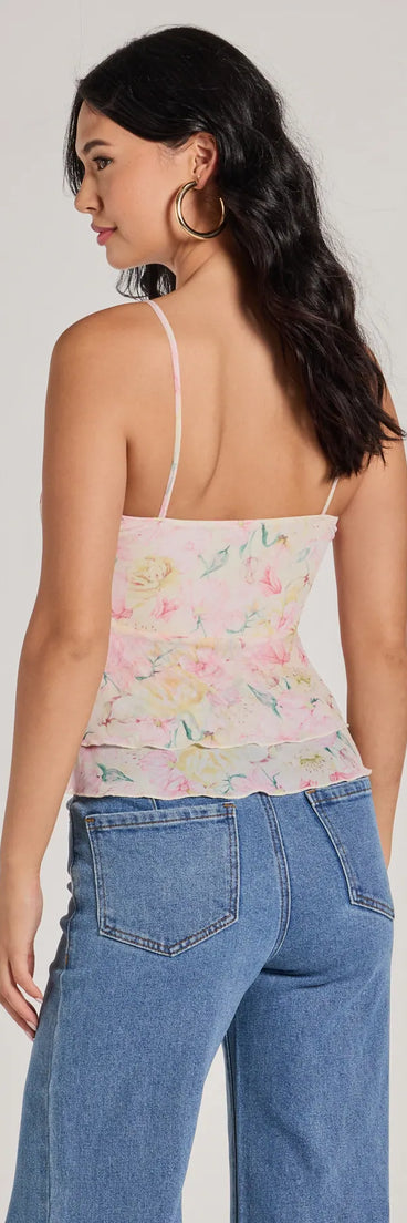 Flirty Ruffled Floral Mesh Lace Trim Top