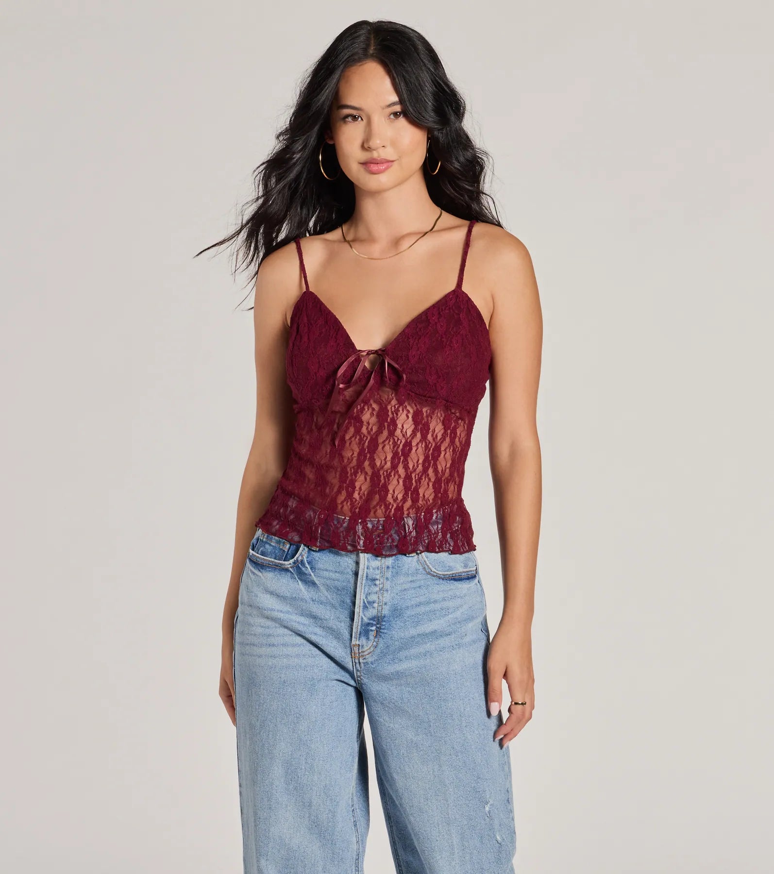 ナウンレス NOUNLESS SHEER LACE CAMI TOPS （WINE） NOUNLESS - 【残り一点】Sheer Lace Cami Tops | ACRMTSM ONLINE